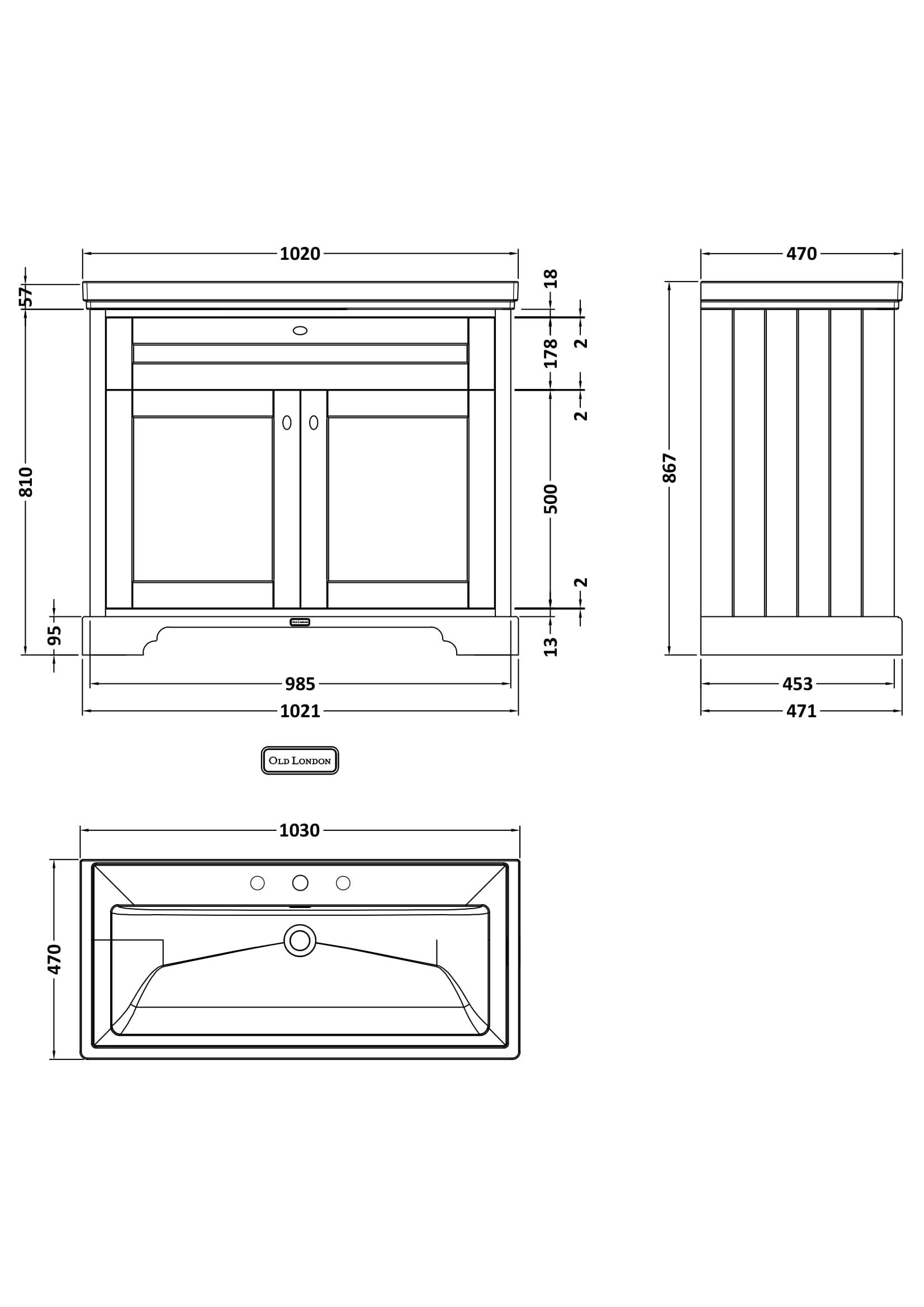 Hudson Reed Old London 1000mm Storm Grey 2-Door 3 Taphole Floor Standing Vanity Unit With Fireclay Basin