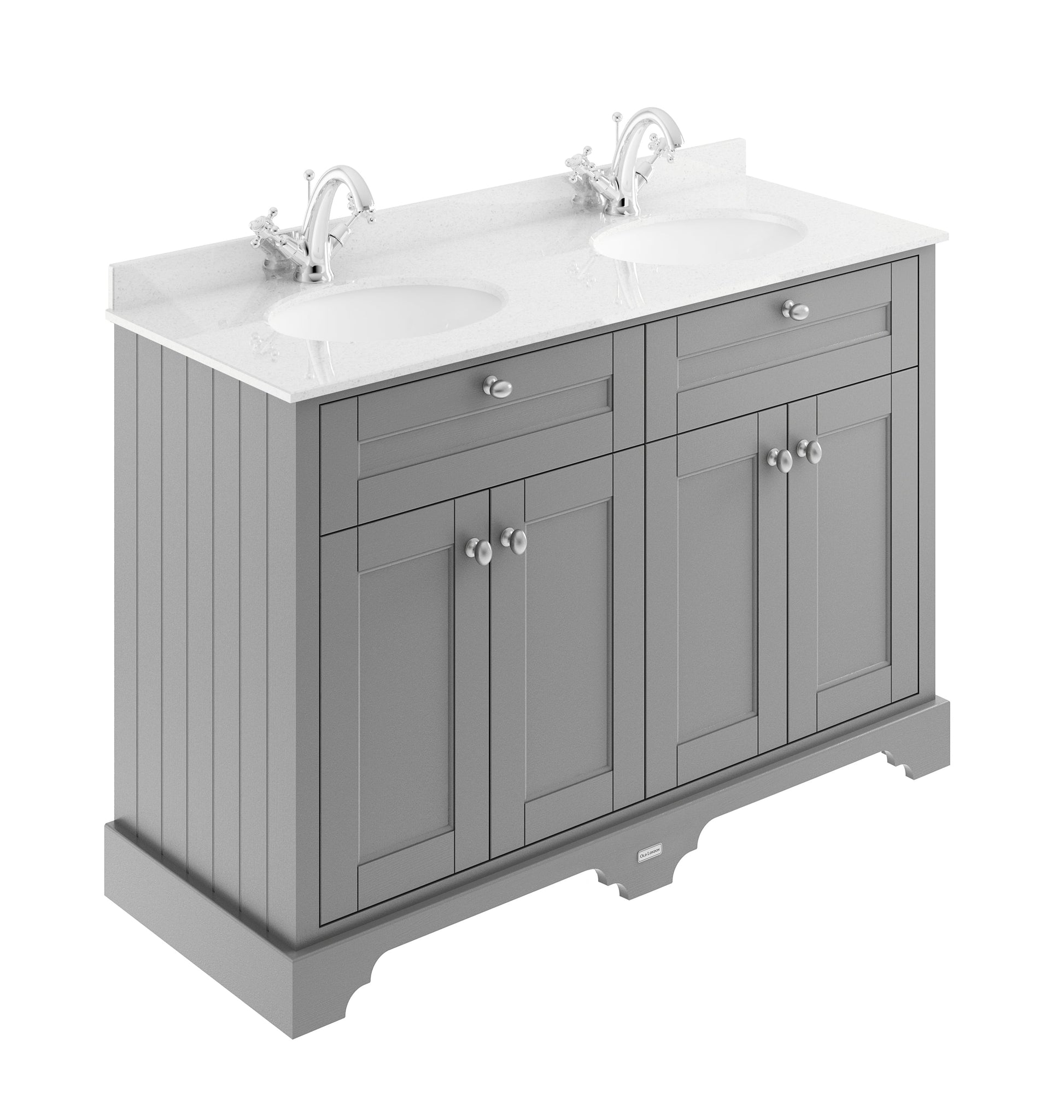Hudson Reed Old London 1220mm Storm Grey Floor Standing 4 Door Vanity Unit With White Marble Double Basin