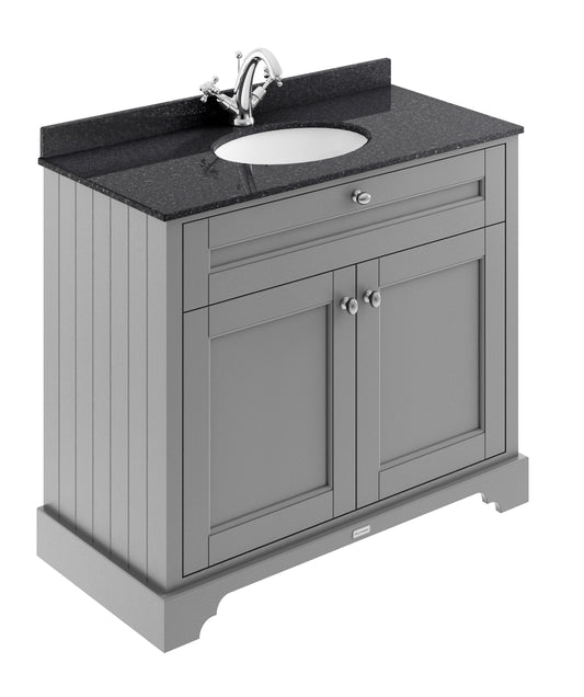 Floor Standing 2 Door Vanity Unit with 1 Tap Hole Black Marble Top 1000mm