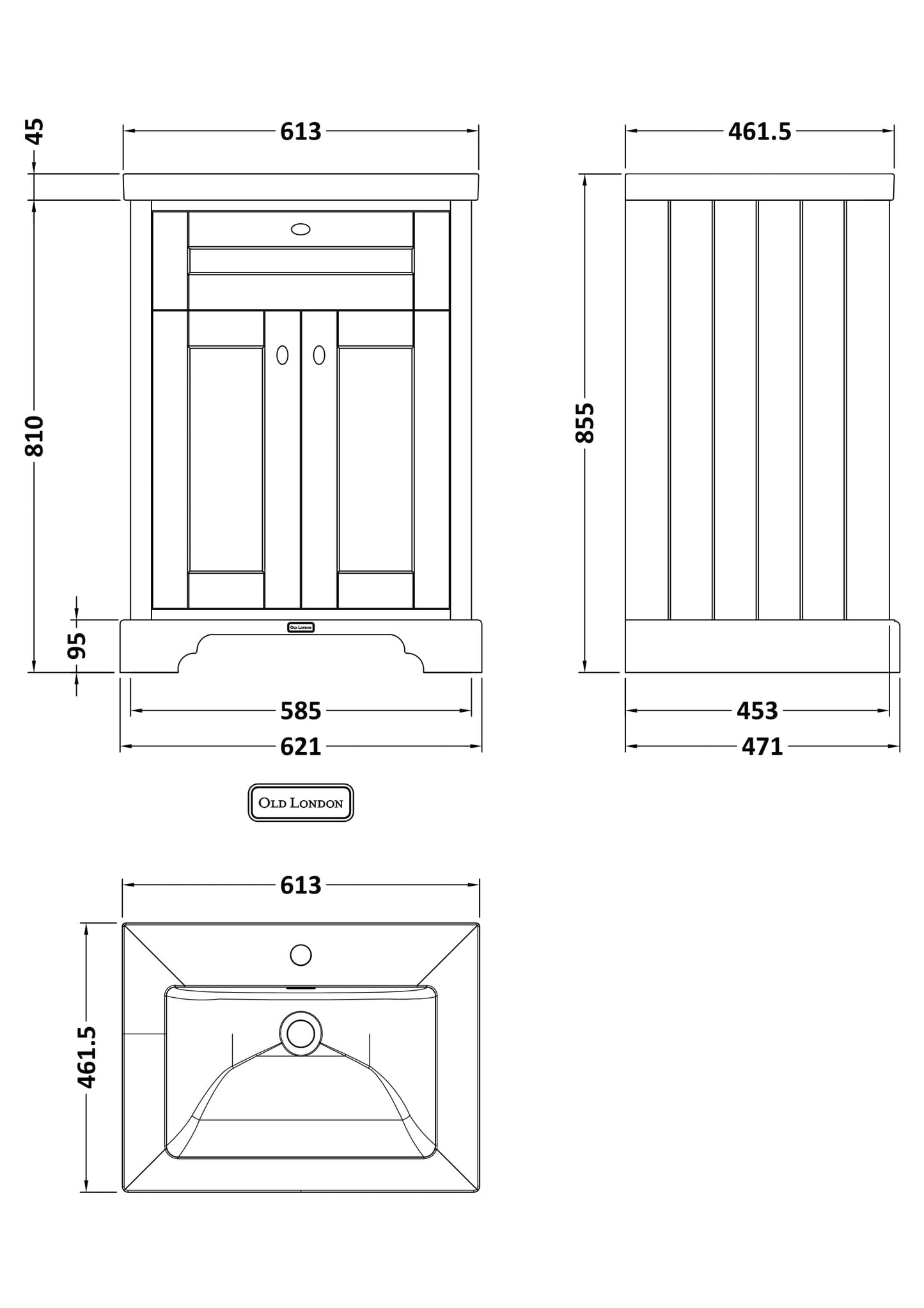 Old London 600mm 2-Door Unit & Contemporary Fireclay Basin 1TH