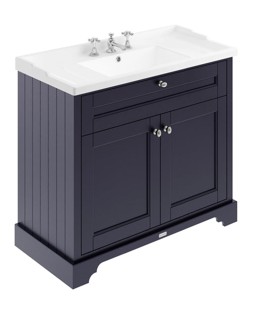 Hudson Reed Old London 1000mm Twilight Blue Floor Standing 2 Door Vanity Unit with 3 Tap Hole Ceramic Basin