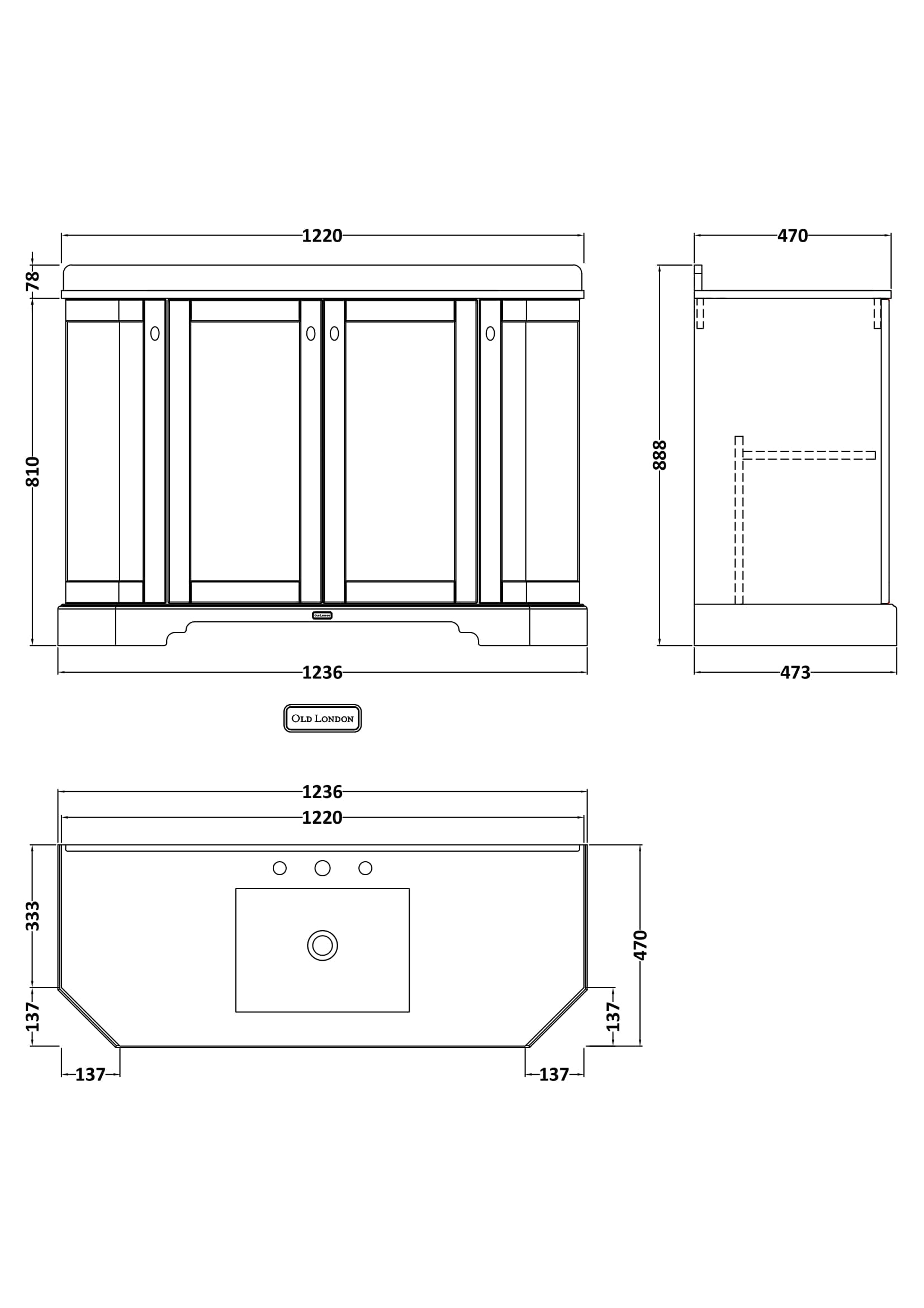 Hudson Reed Old London 1200mm Floor Standing 4 Door Vanity Unit with 3 Tap Hole Grey Marble Top Basin