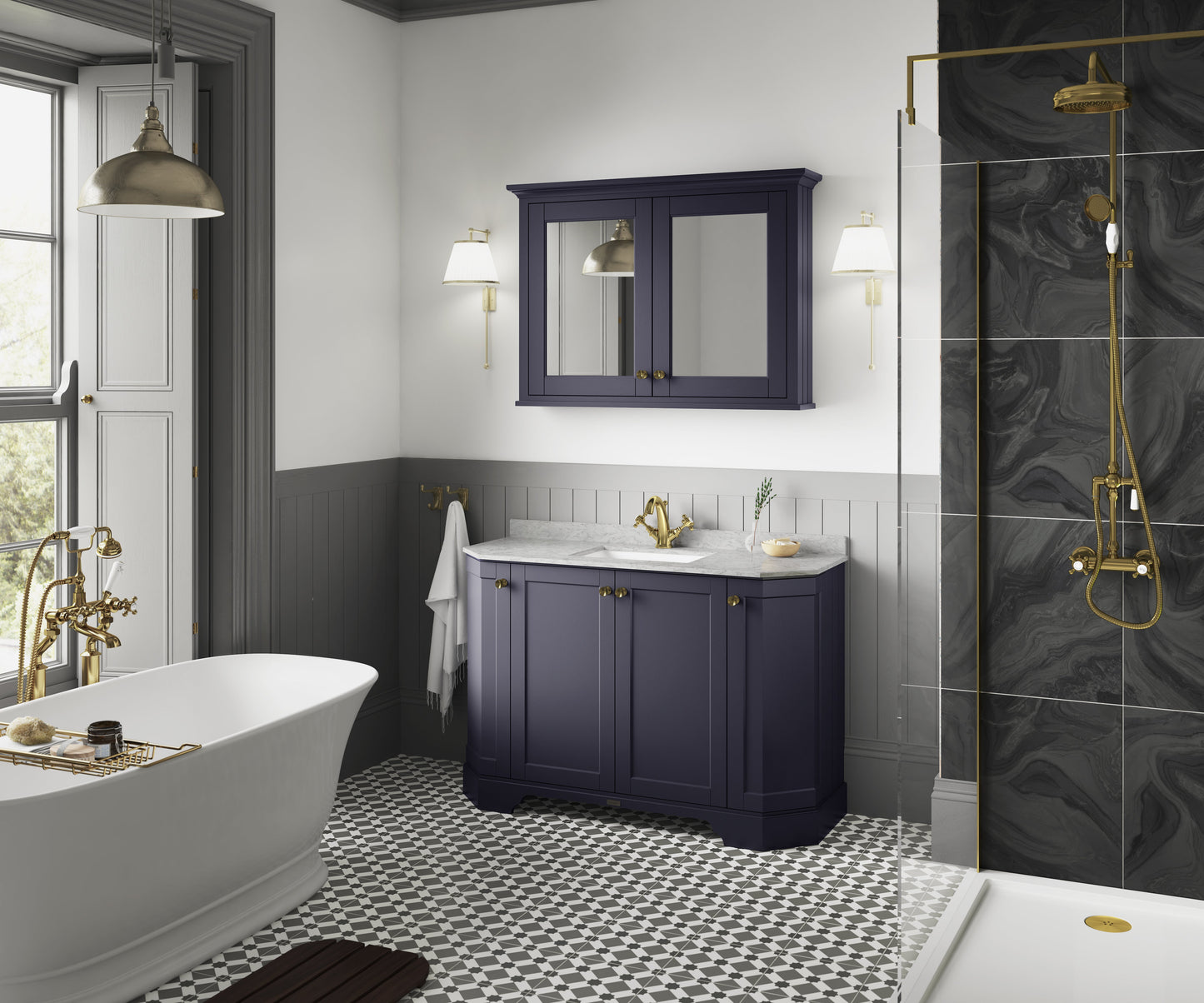 Floor Standing 4 Door Angled Vanity Unit with 1 Tap Hole Grey Marble Top 1200mm