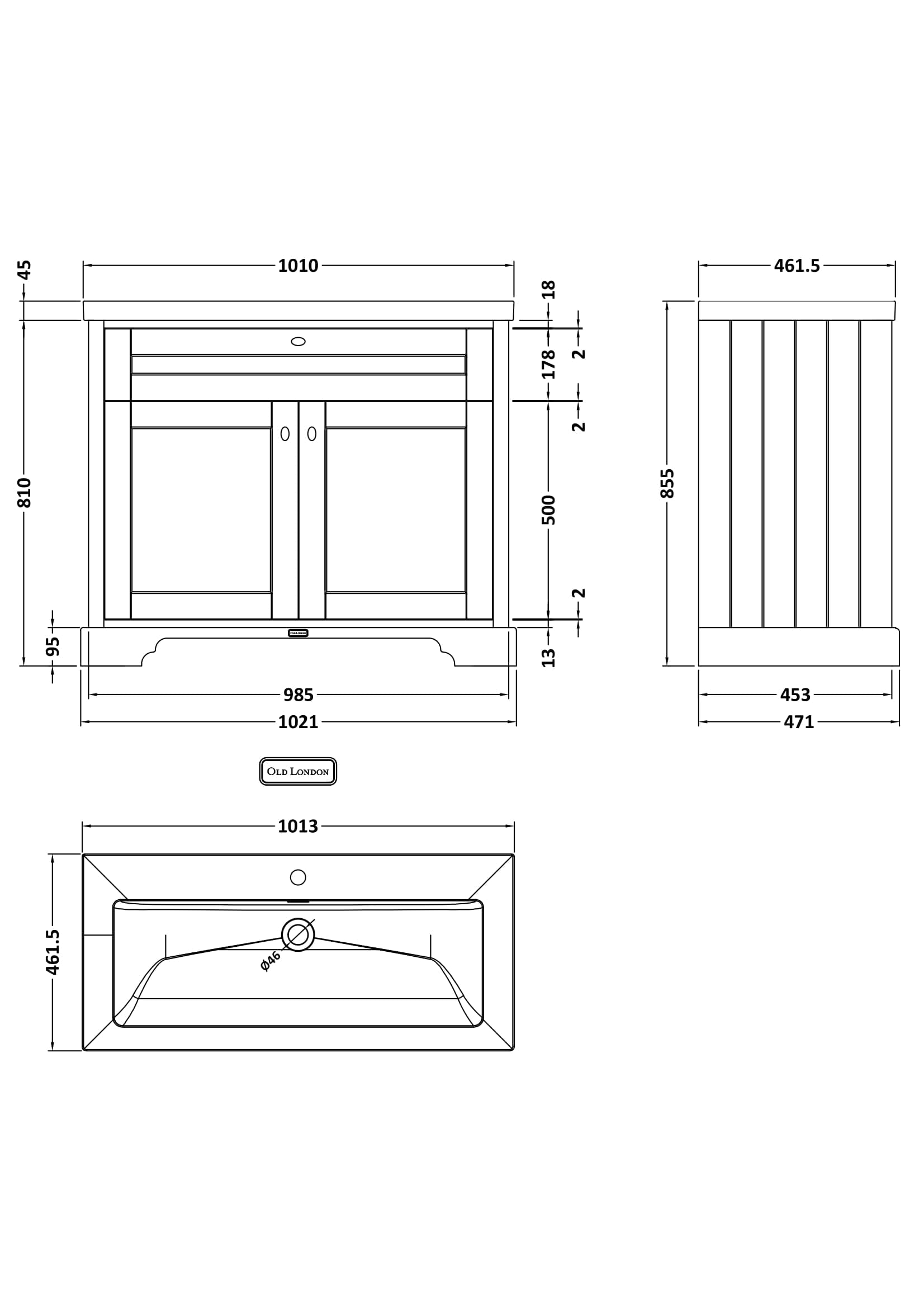Old London 1000mm 2-Door Unit & Contemporary Fireclay Basin 1TH