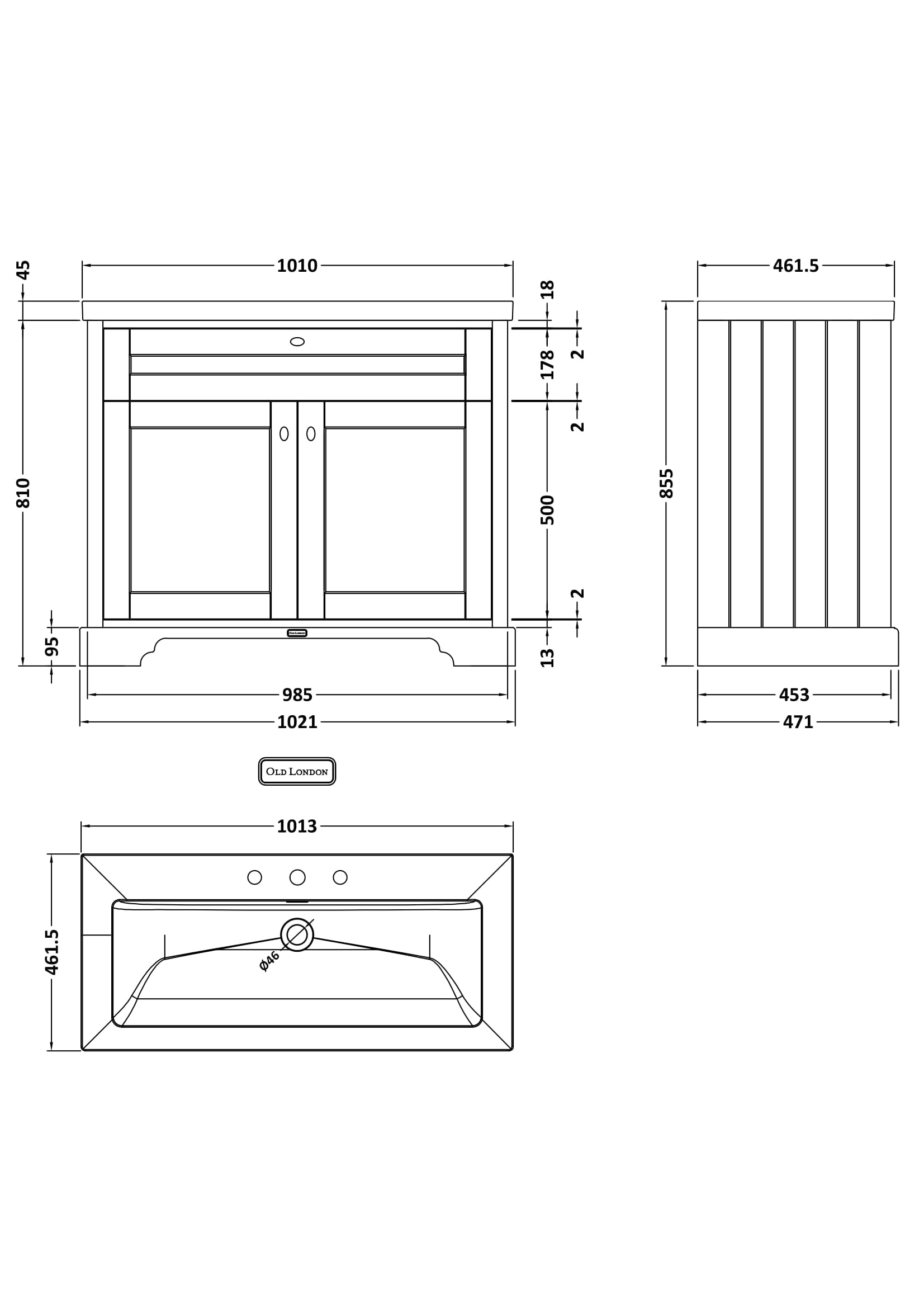 Old London 1000mm 2-Door Unit & Contemporary Fireclay Basin 3TH