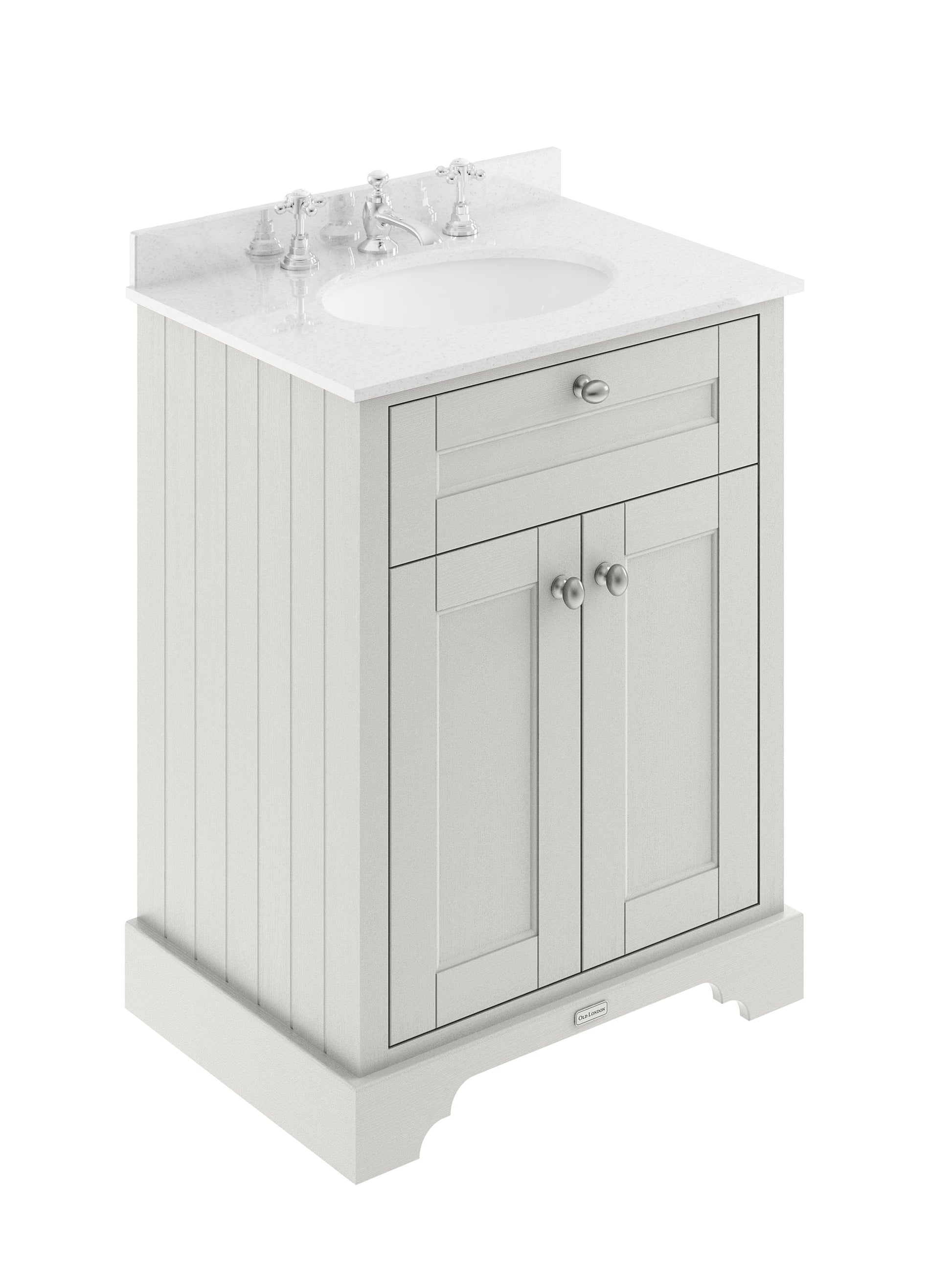 Hudson Reed Old London 600mm Floor Standing 2 Door Vanity Unit with 3 Tap Hole White Marble Top, Soft Close Doors, Rigid