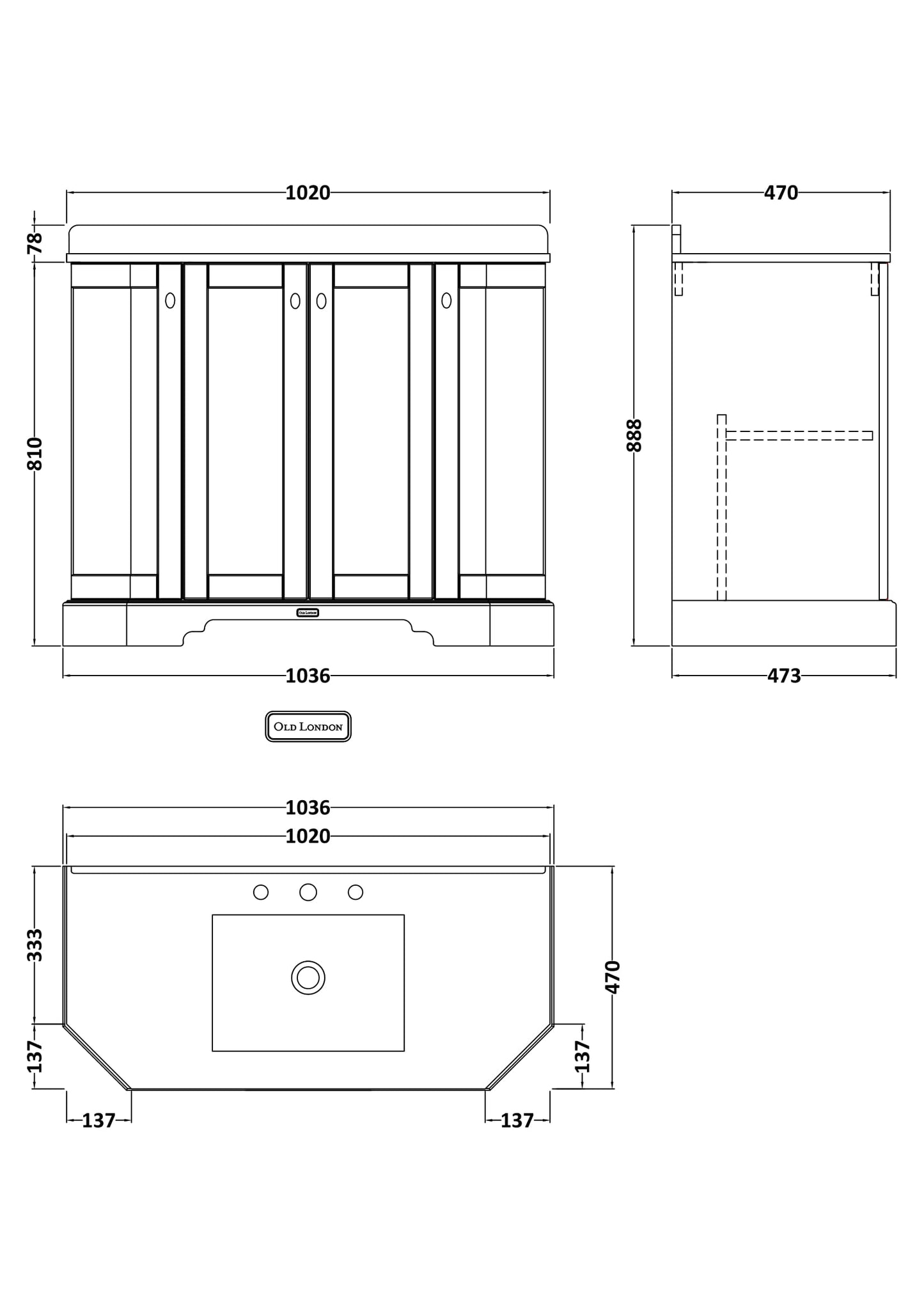 Hudson Reed Old London 1000mm Floor Standing 4 Door Vanity Unit with 3 Tap Hole Black Marble Top Basin