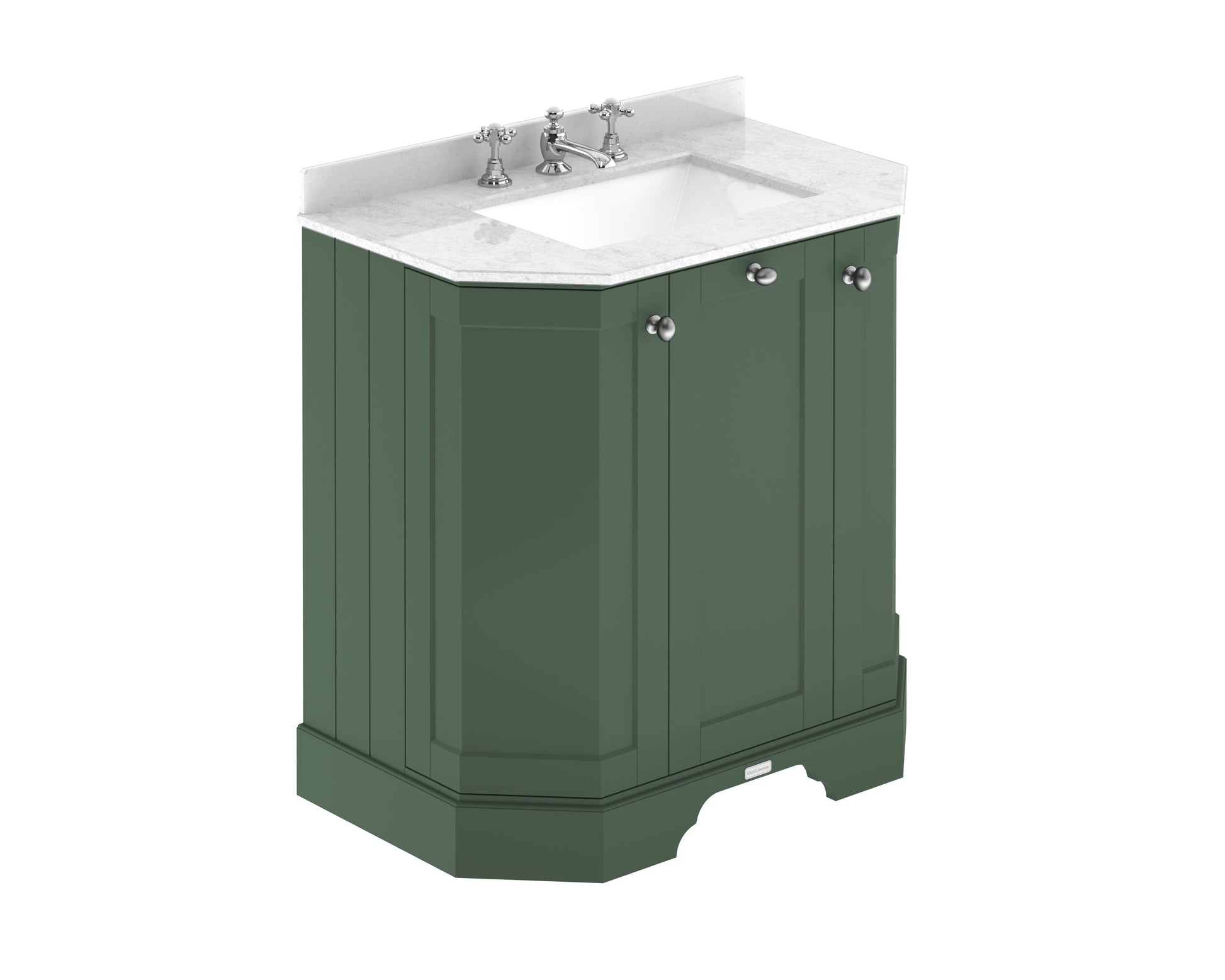 Hudson Reed Old London 750mm Hunter Green Floor 3 Door Vanity Unit with 3 Tap Hole White Marble Top Basin