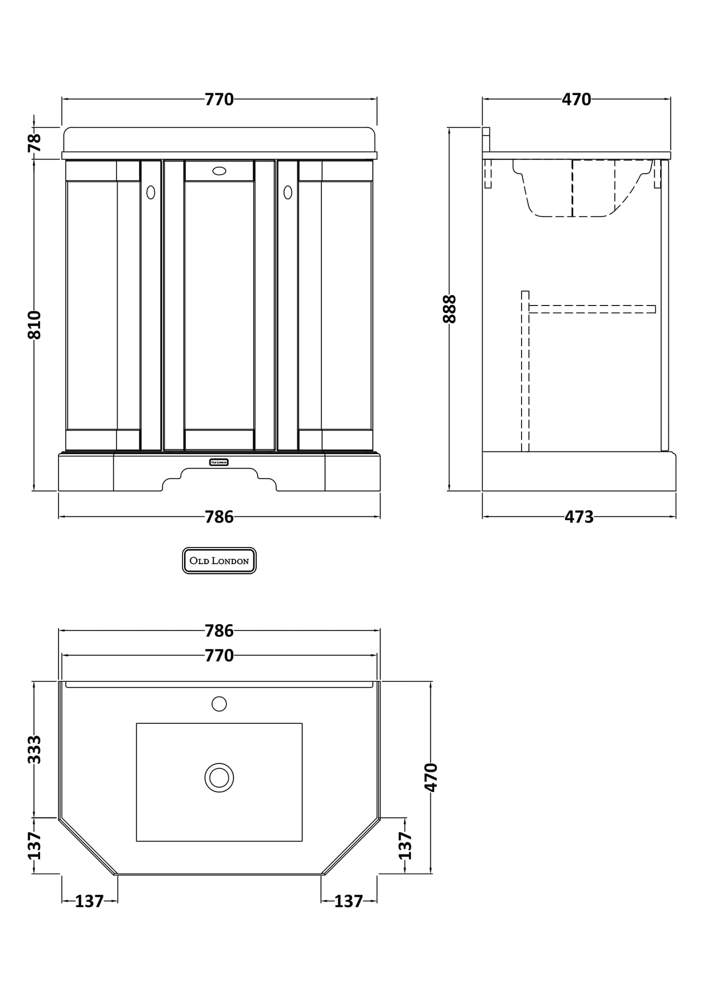 Floor Standing 3 Door Vanity Unit with 1 Tap Hole Black Marble Top 750mm