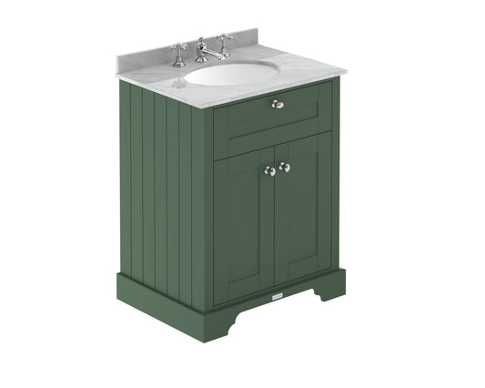 Hudson Reed Old London 620mm Hunter Green Floor Standing 2 Door Vanity Unit With 3 Tap Hole Grey Marble Top Basin