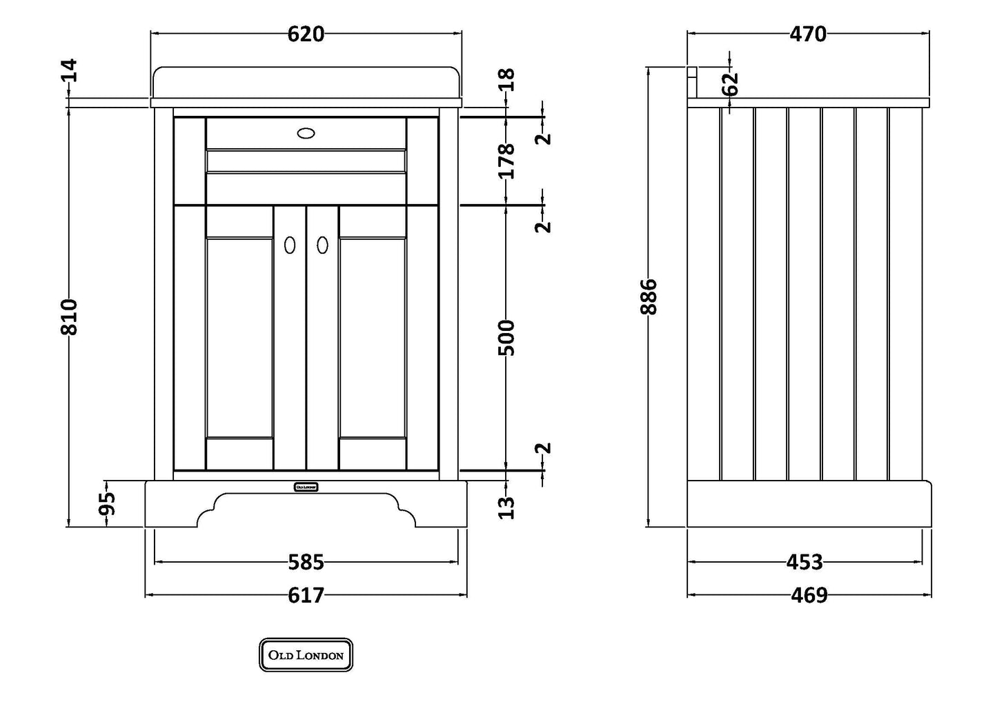 Hudson Reed Old London 620mm Hunter Green Floor Standing 2 Door Vanity Unit With 3 Tap Hole Grey Marble Top Basin