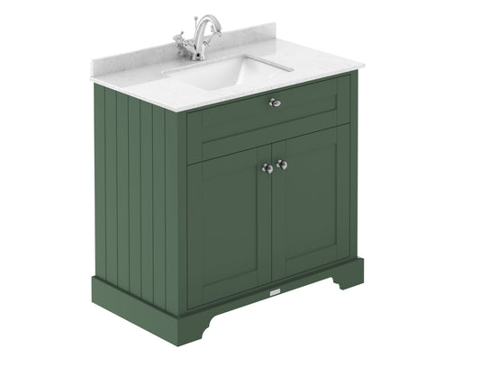 Hudson Reed Old London 800mm Hunter Green Floor Standing 2 Door Vanity Basin Unit with White Marble Top Basin