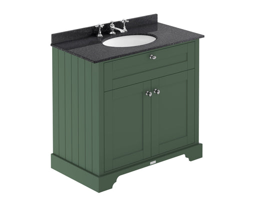 Hudson Reed Old London 820mm Hunter Green Floor Standing 2 Door Vanity Unit with 3 Tap Hole Black Marble Top Basin
