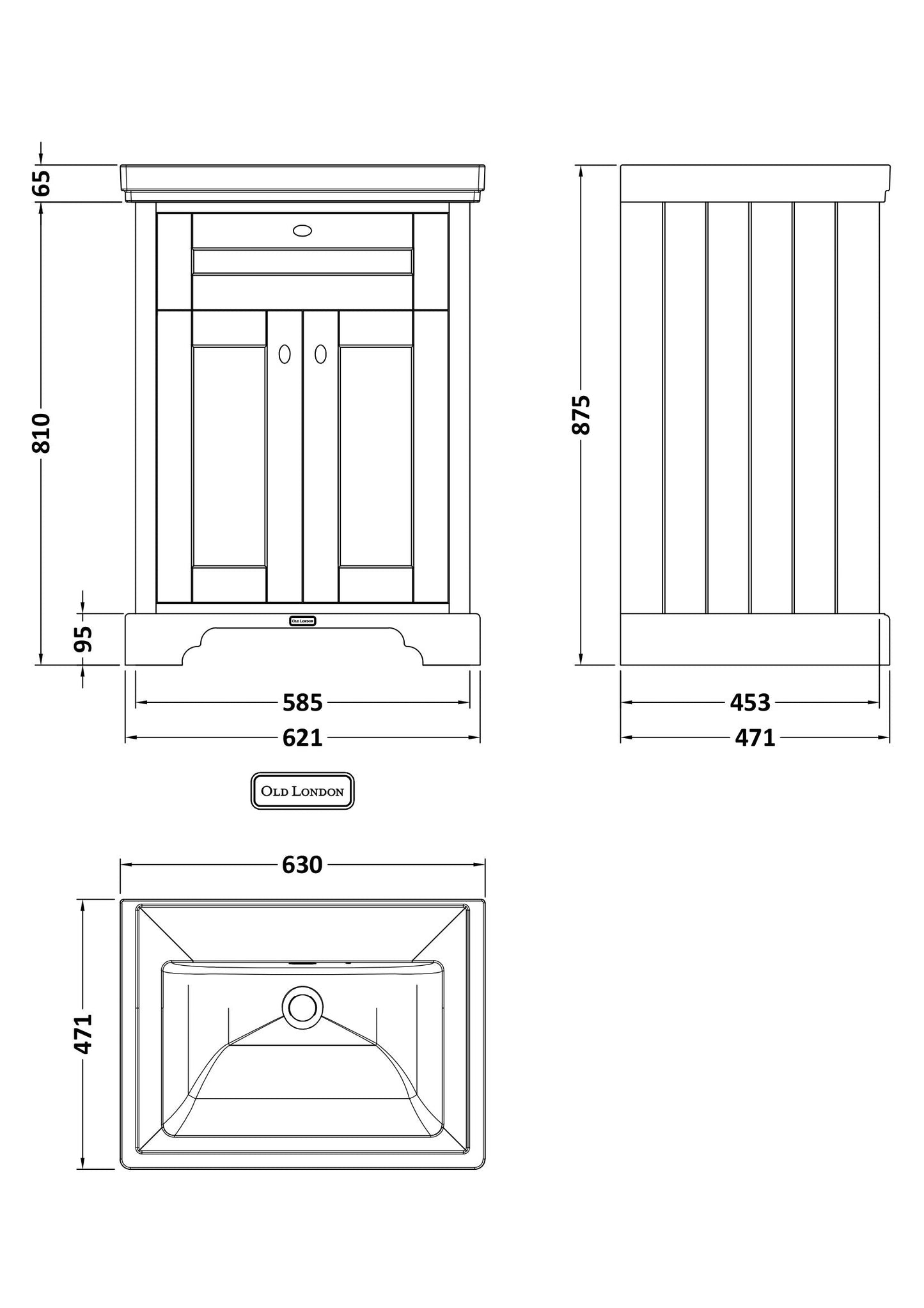Hudson Reed Old London 600mm Floor Standing 2 Door Vanity Unit & 0 Tap Hole Fireclay Basin