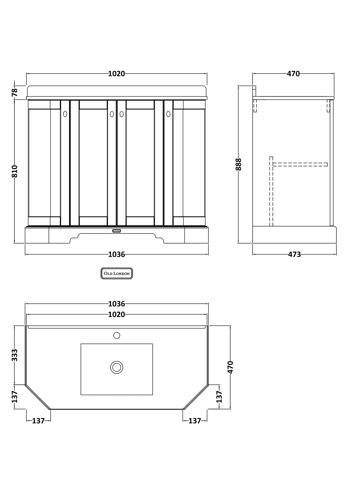 Floor Standing Angled 4 Door Vanity Unit with 1 Tap Hole Black Marble Top 1000mm