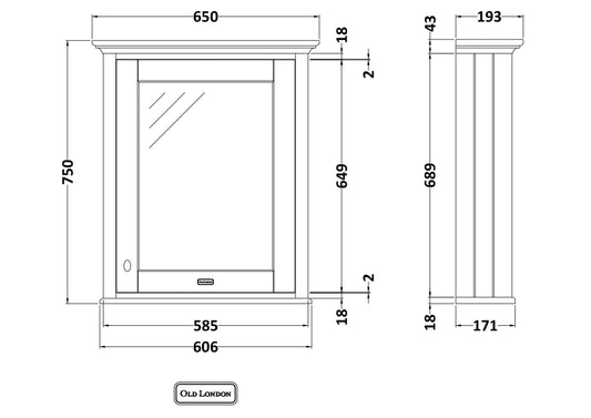 Hudson Reed Old London 650mm 1 Door Twilight Blue Wall Hung Mirror Cabinet With Handles