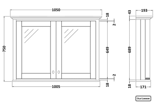 Hudson Reed Old London 1050mm 2 Door Twilight Blue Wall Hung Mirror Cabinet With Handles