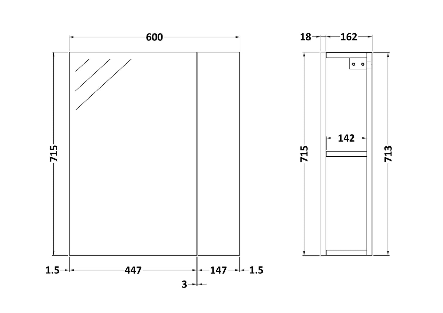 Fusion Fitted Wall Hung 2 Door Mirror Unit (75/25) 600mm