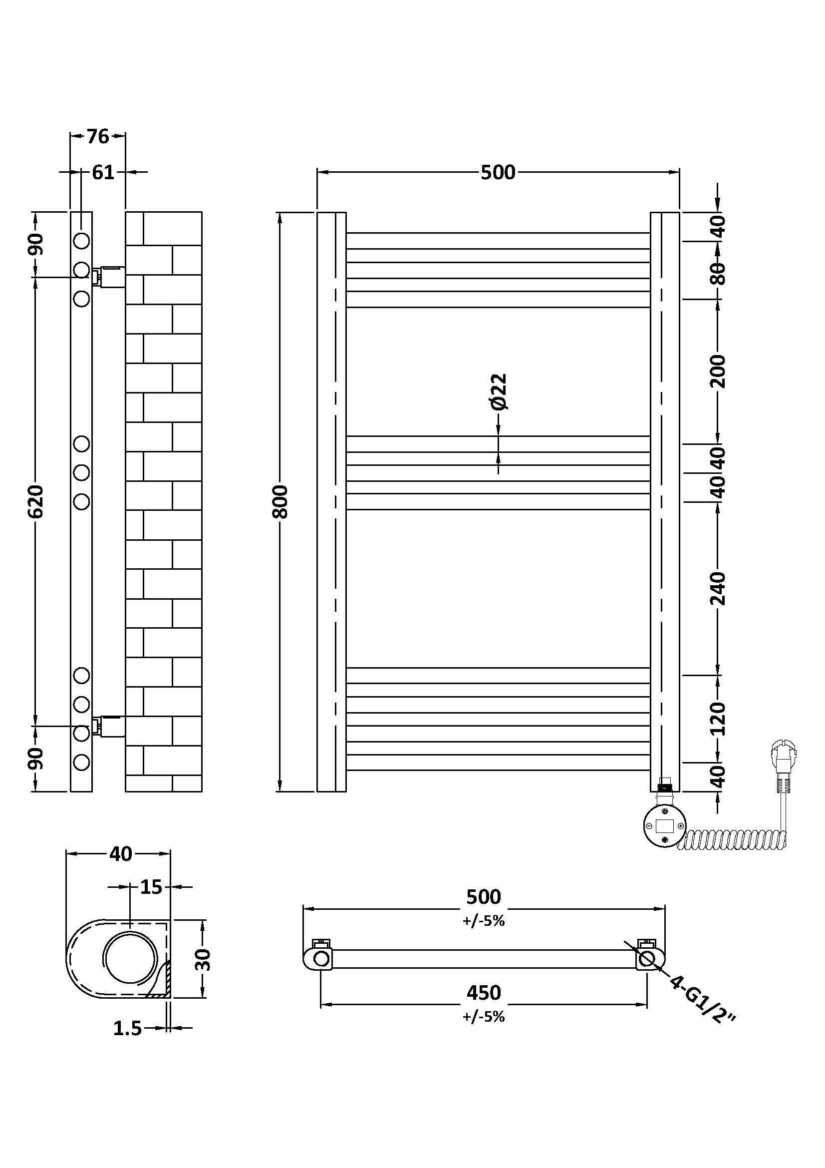Electric Round Tube Towel Rail with 10 Bars, 800mm x 500mm