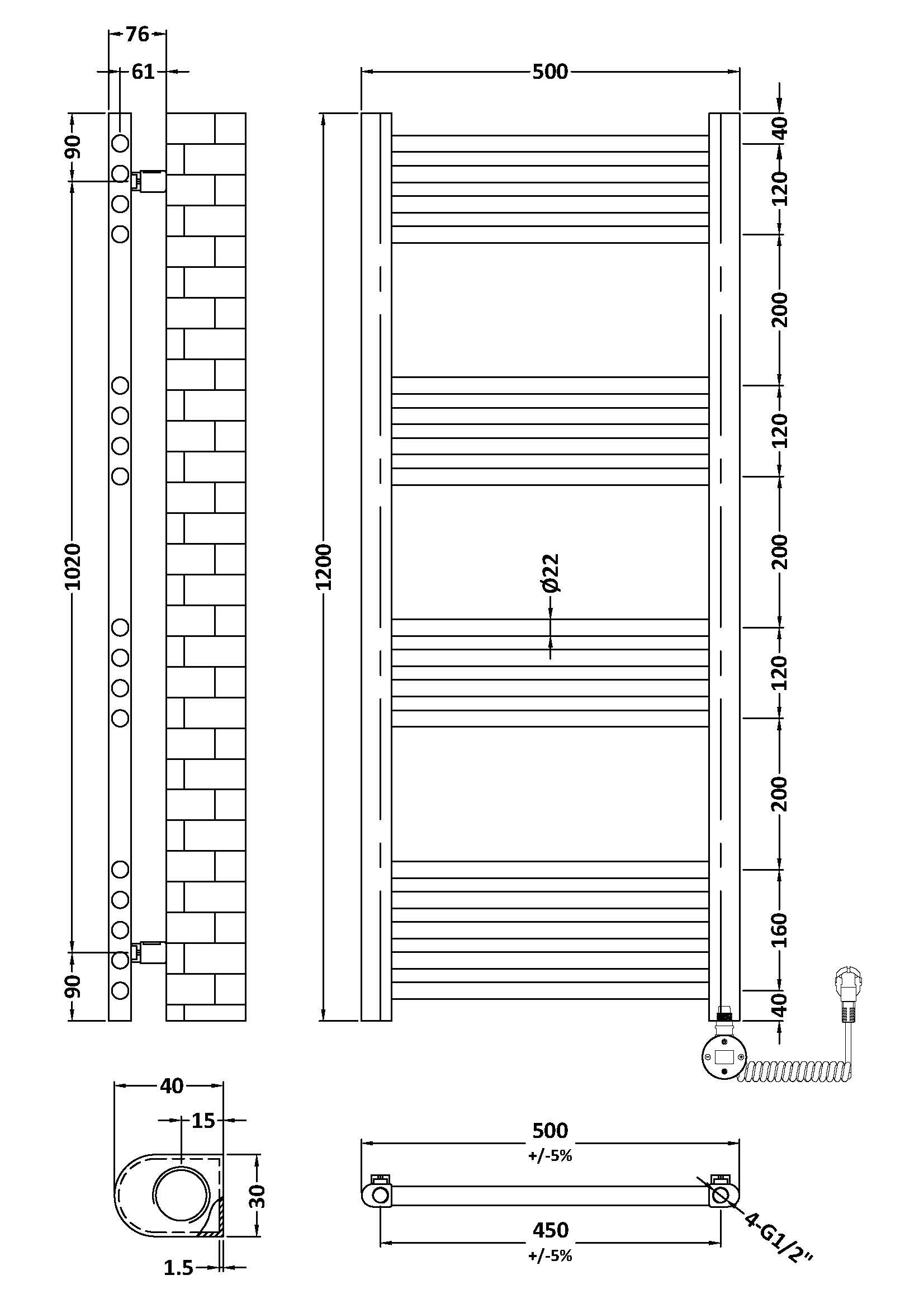 Electric Round Tube Towel Rail with 17 Bars, 1200mm x 500mm
