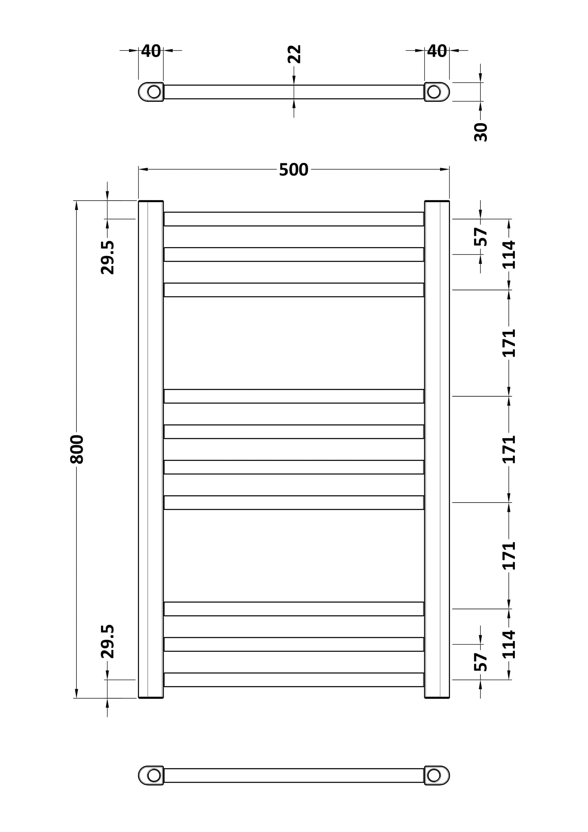 Lorica Straight Towel Radiator with Round Rails 800mm x 500mm