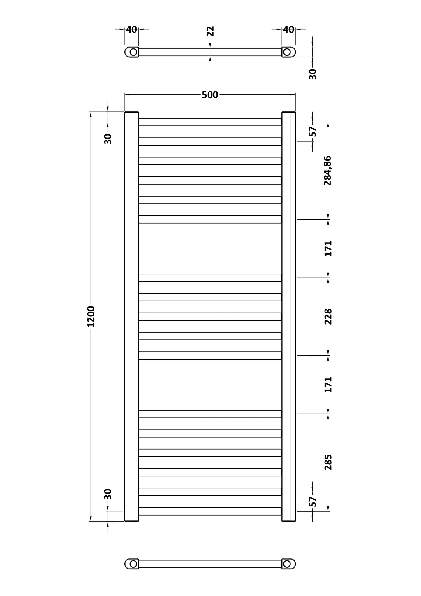 Lorica Straight Towel Radiator with Round Rails 1200mm x 500mm