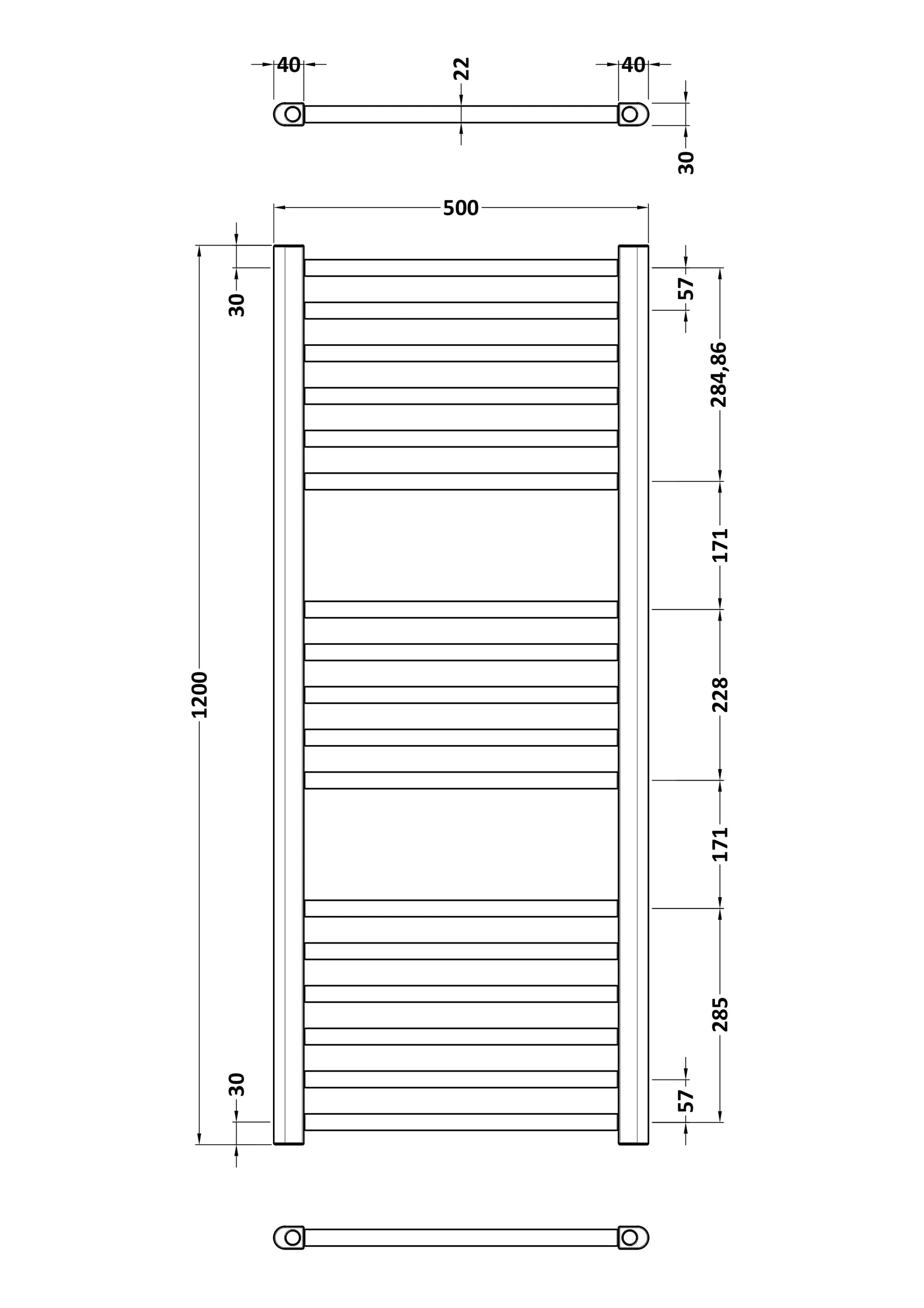 Lorica Straight Towel Radiator with Round Rails 1200mm x 500mm