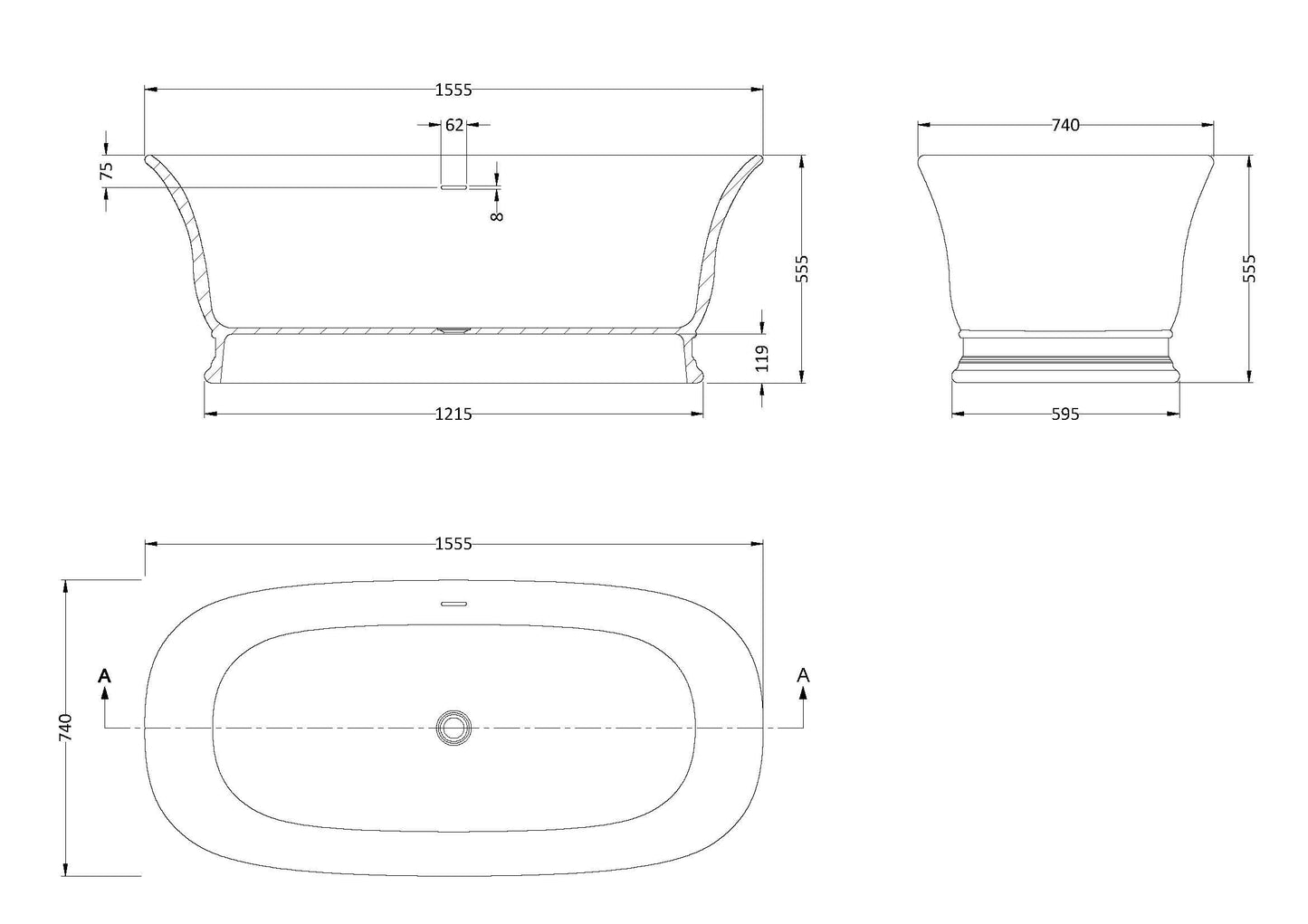 Hudson Reed 1555mm Freestanding Bath With Waste