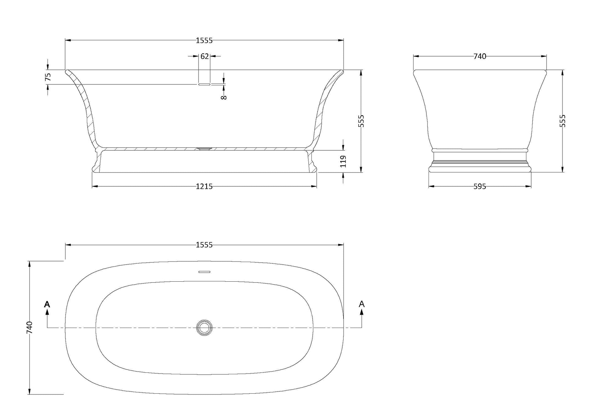 Hudson Reed 1555mm Freestanding Bath With Waste
