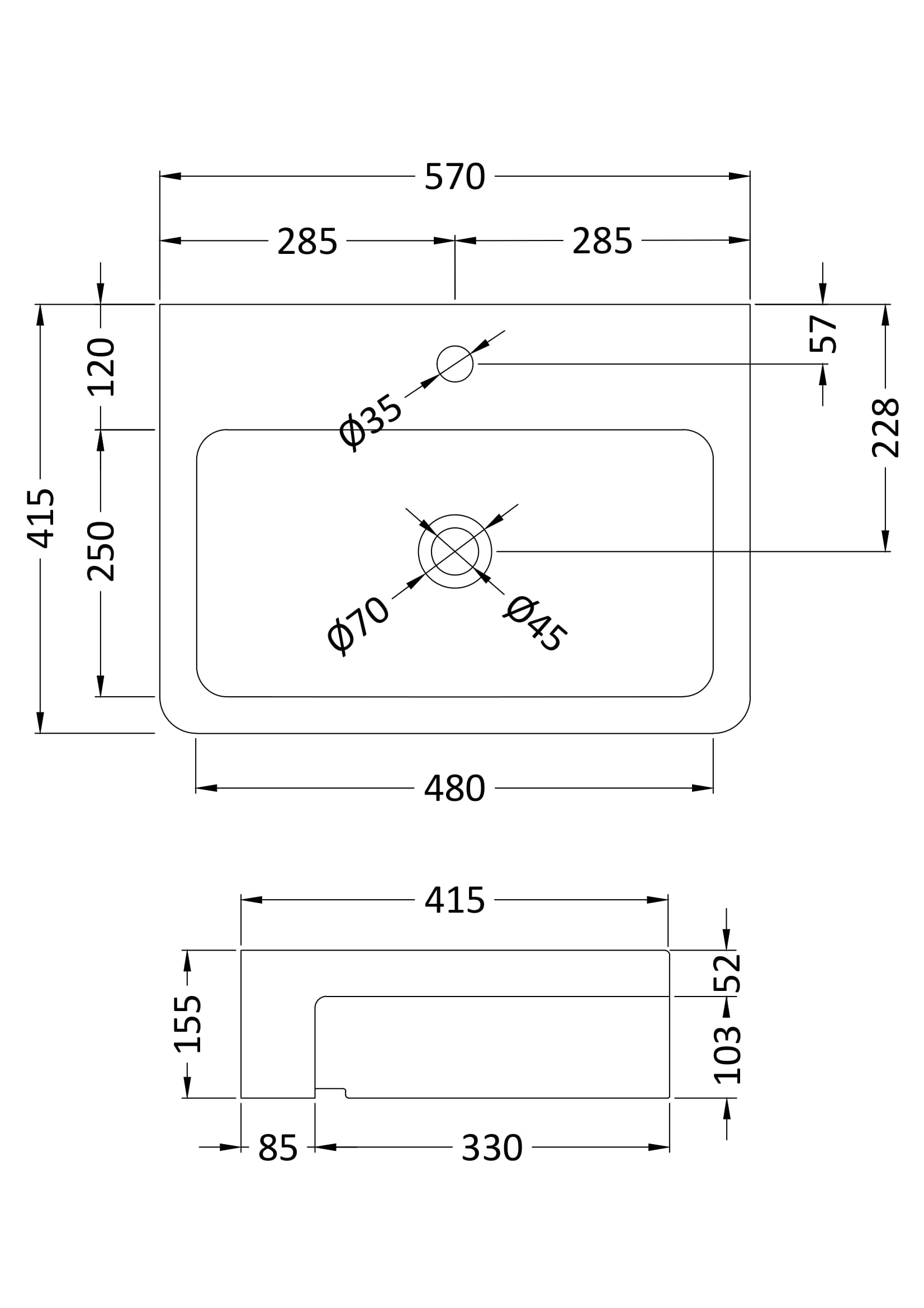 Semi-Recessed Basin 570 x 415 x 155mm