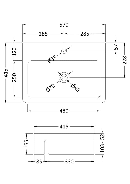 Semi-Recessed Basin 570 x 415 x 155mm