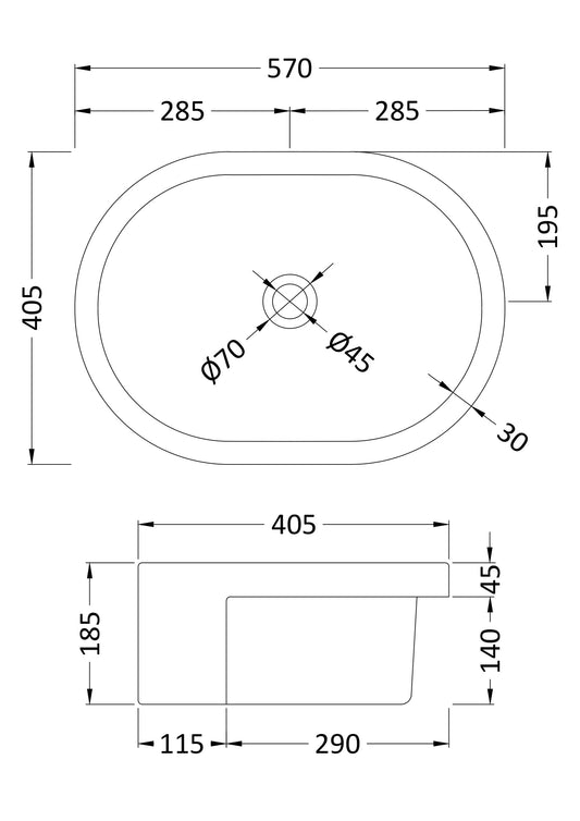 Semi-Recessed Basin 560 x 400 x 185mm