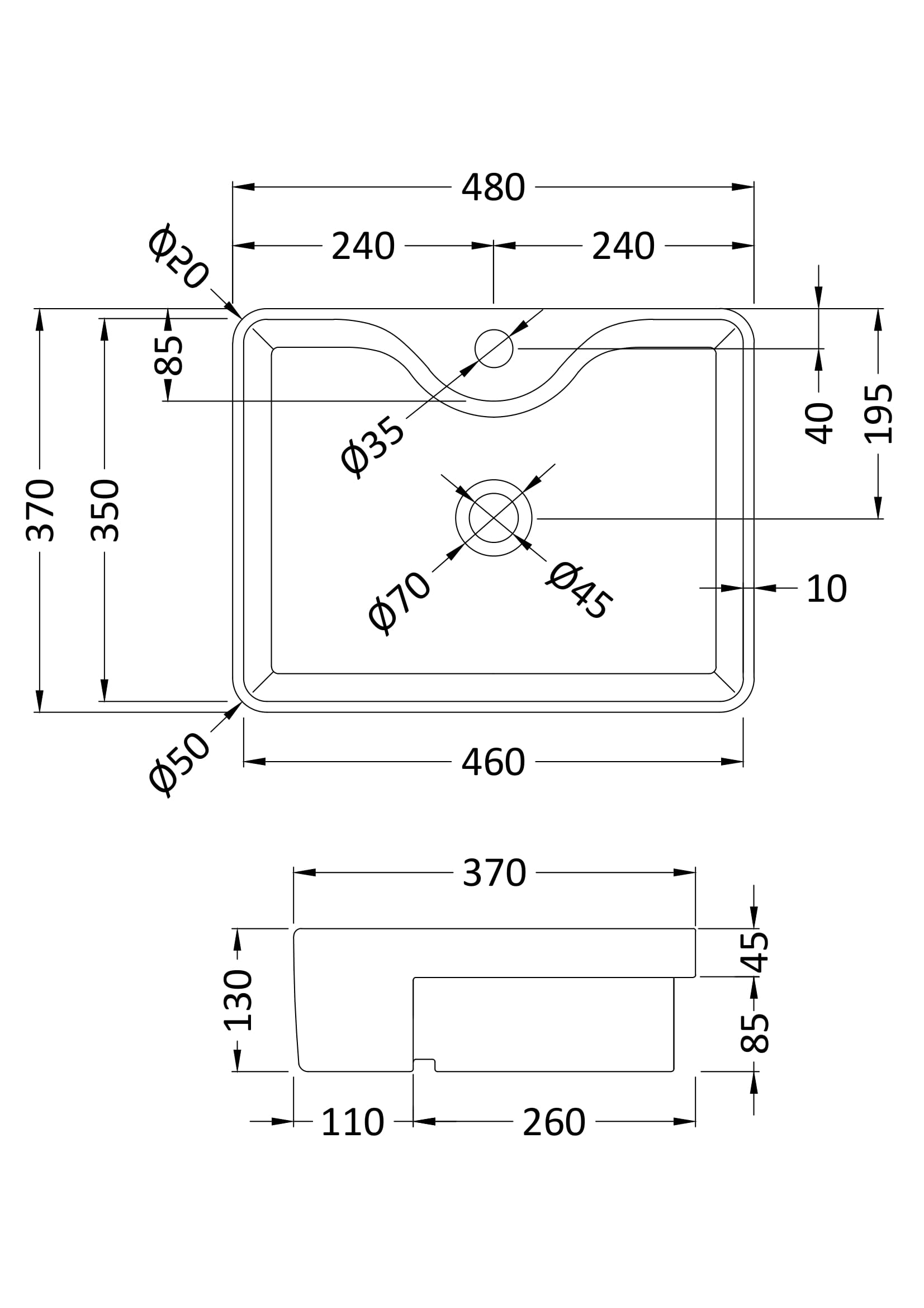 Semi-Recessed Basin 480 x 370 x 130mm