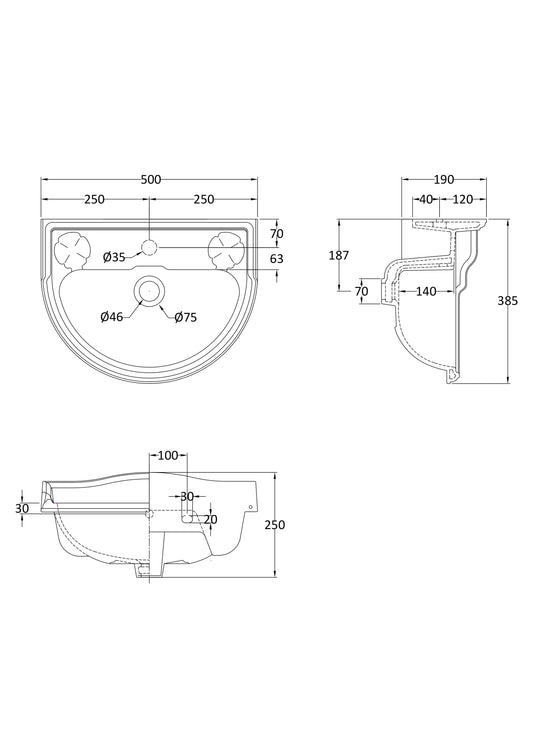 Chancery 500mm Basin 1 Tap Hole