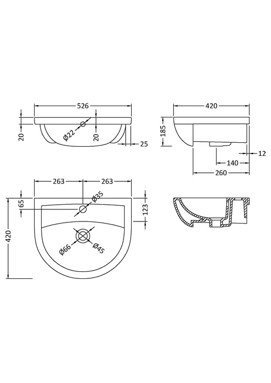 Fusion Fitted Round 1 Tap Hole Semi Recessed Ceramic Basin 500mm