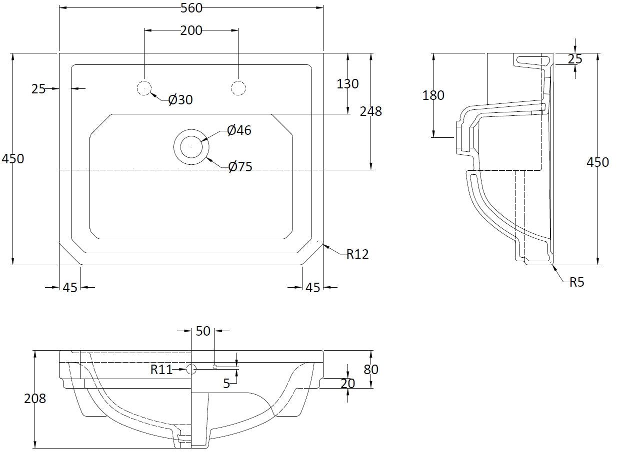 560mm Semi Recessed Basin (2 Tap Hole)