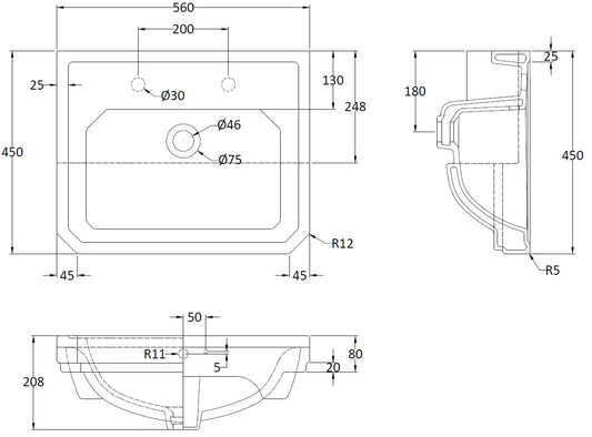 560mm Semi Recessed Basin (2 Tap Hole)