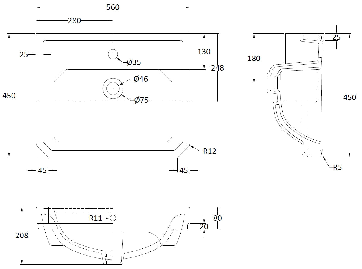 Richmond 560mm Semi Recessed Basin 1 Tap Hole