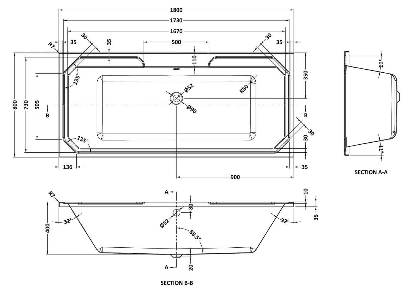 Art Deco Straight Shower Bath 1800 x 800mm