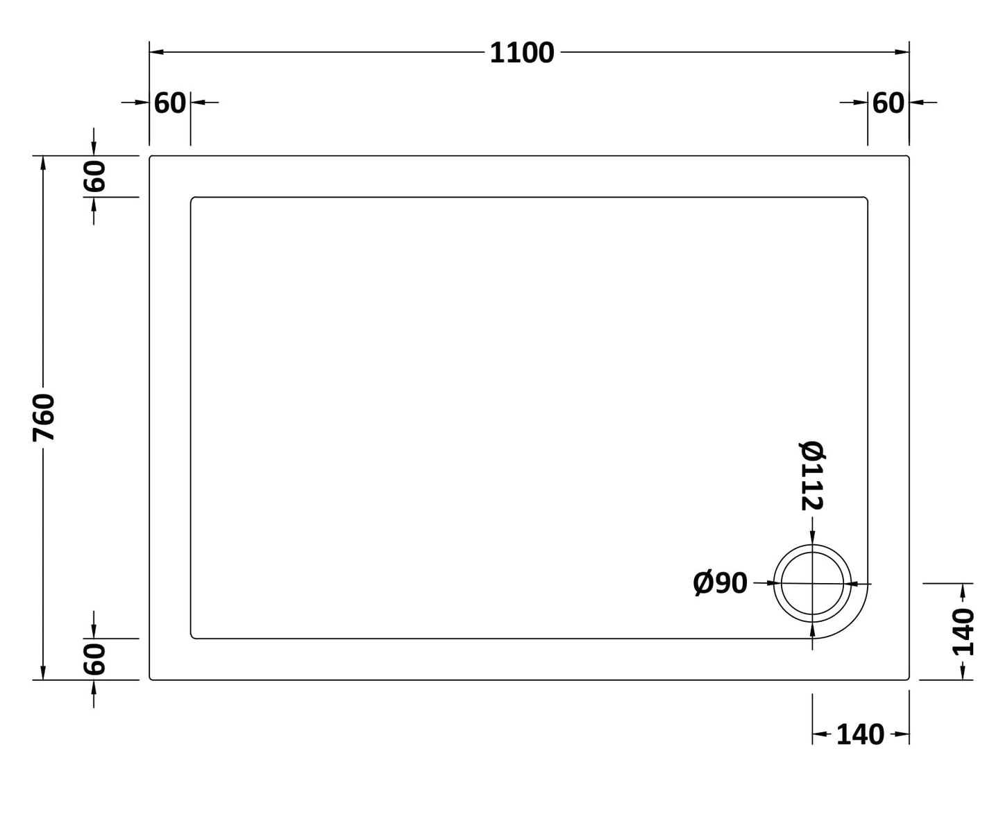 Slip Resistant Rectangular Slimline Shower Tray 1100 x 760mm