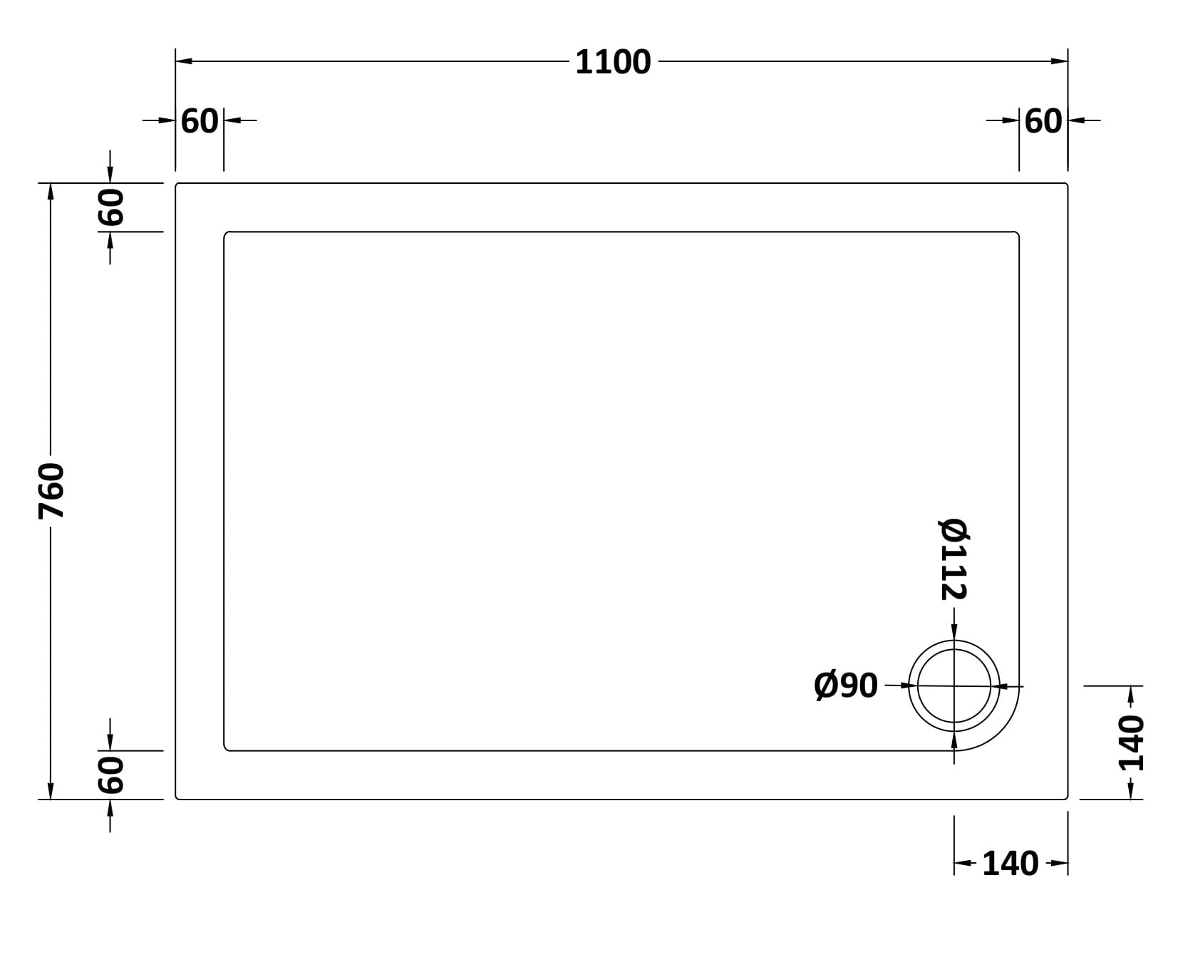 Slip Resistant Rectangular Slimline Shower Tray 1100 x 760mm