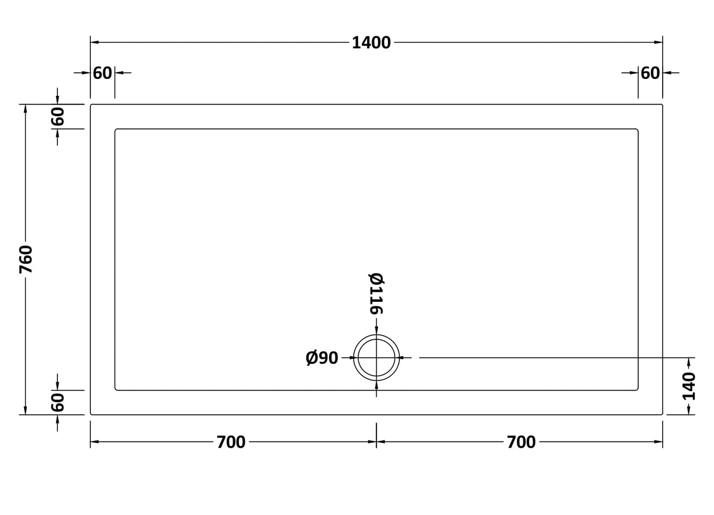 Slip Resistant Rectangular Slimline Shower Tray 1400 x 760mm