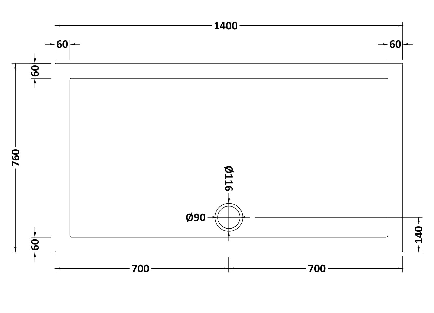 Slip Resistant Rectangular Slimline Shower Tray 1400 x 760mm