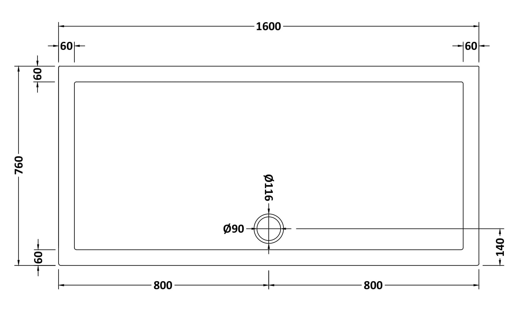 Slip Resistant Rectangular Slimline Shower Tray 1600 x 760mm