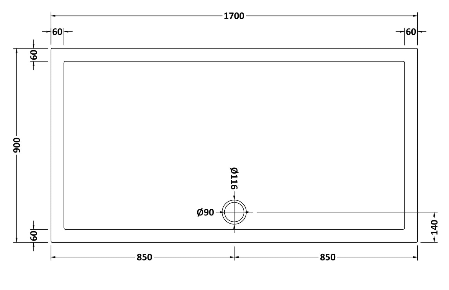 Slip Resistant Rectangular Slimline Shower Tray 1700 x 900mm