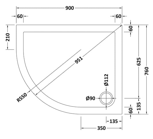 Slip Resistant Offset Slimline Quadrant Shower Tray Left Hand 900 x 760mm