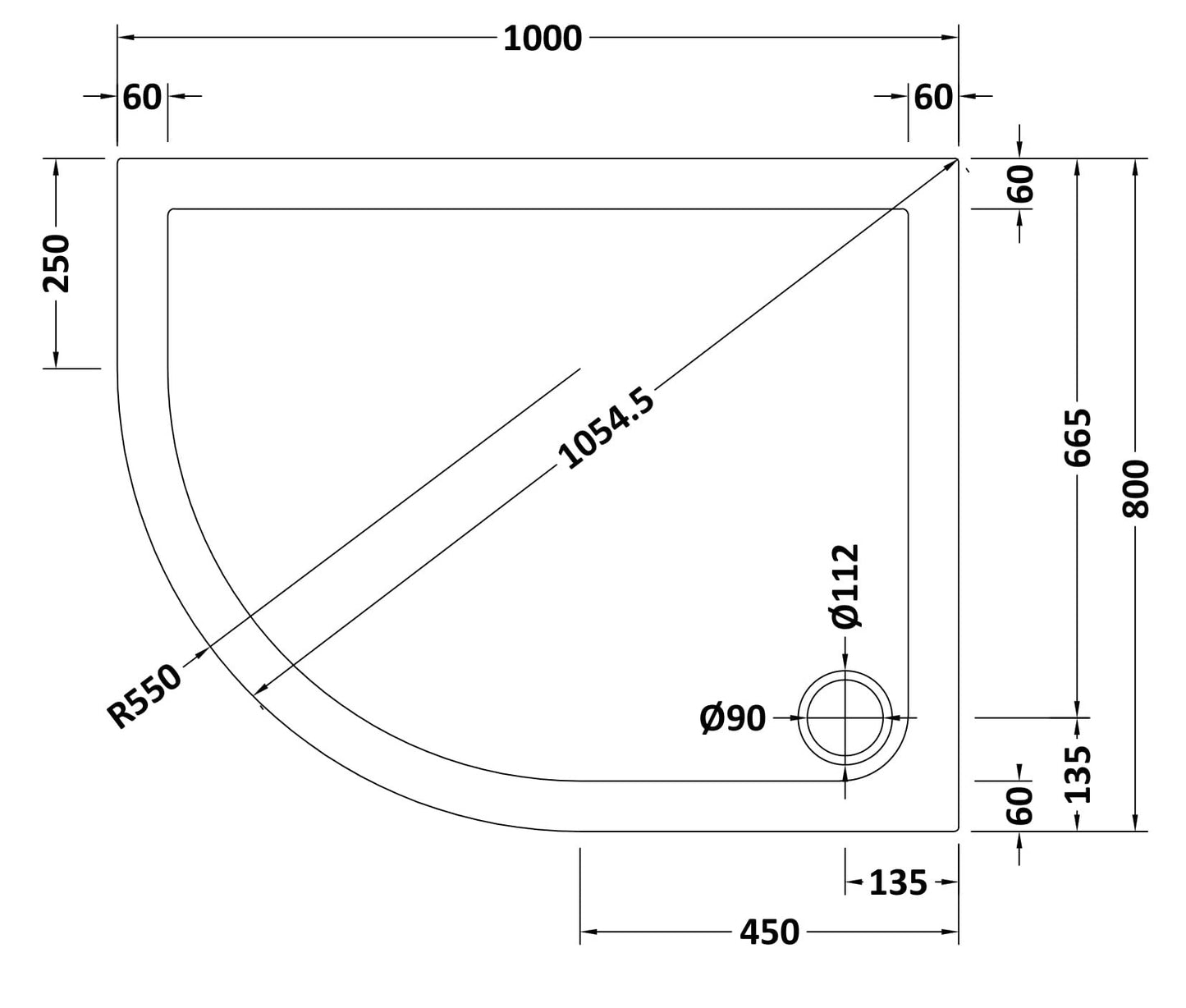 Slip Resistant Offset Quadrant Slimline Shower Tray Left Hand 1000 x 800mm