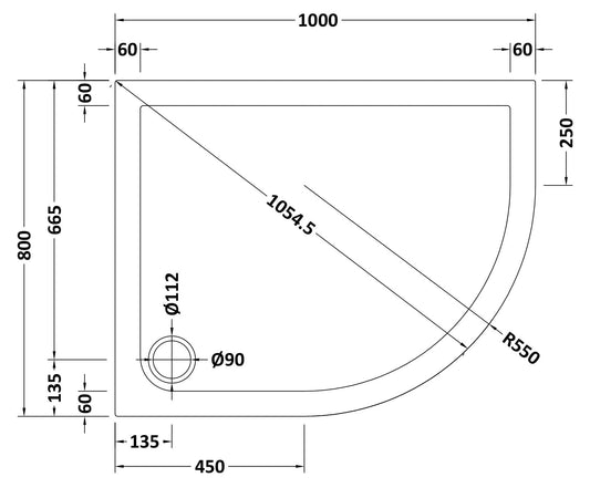Slip Resistant Offset Quadrant Slimline Shower Tray Right Hand 1000 x 800mm