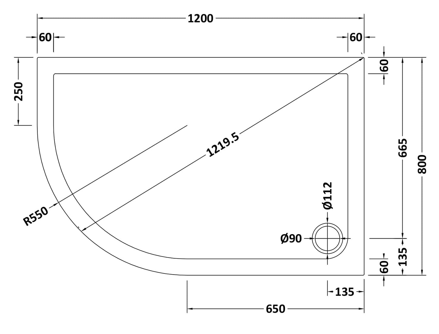 Slip Resistant Offset Quadrant Slimline Shower Tray Left Hand 1200 x 800mm