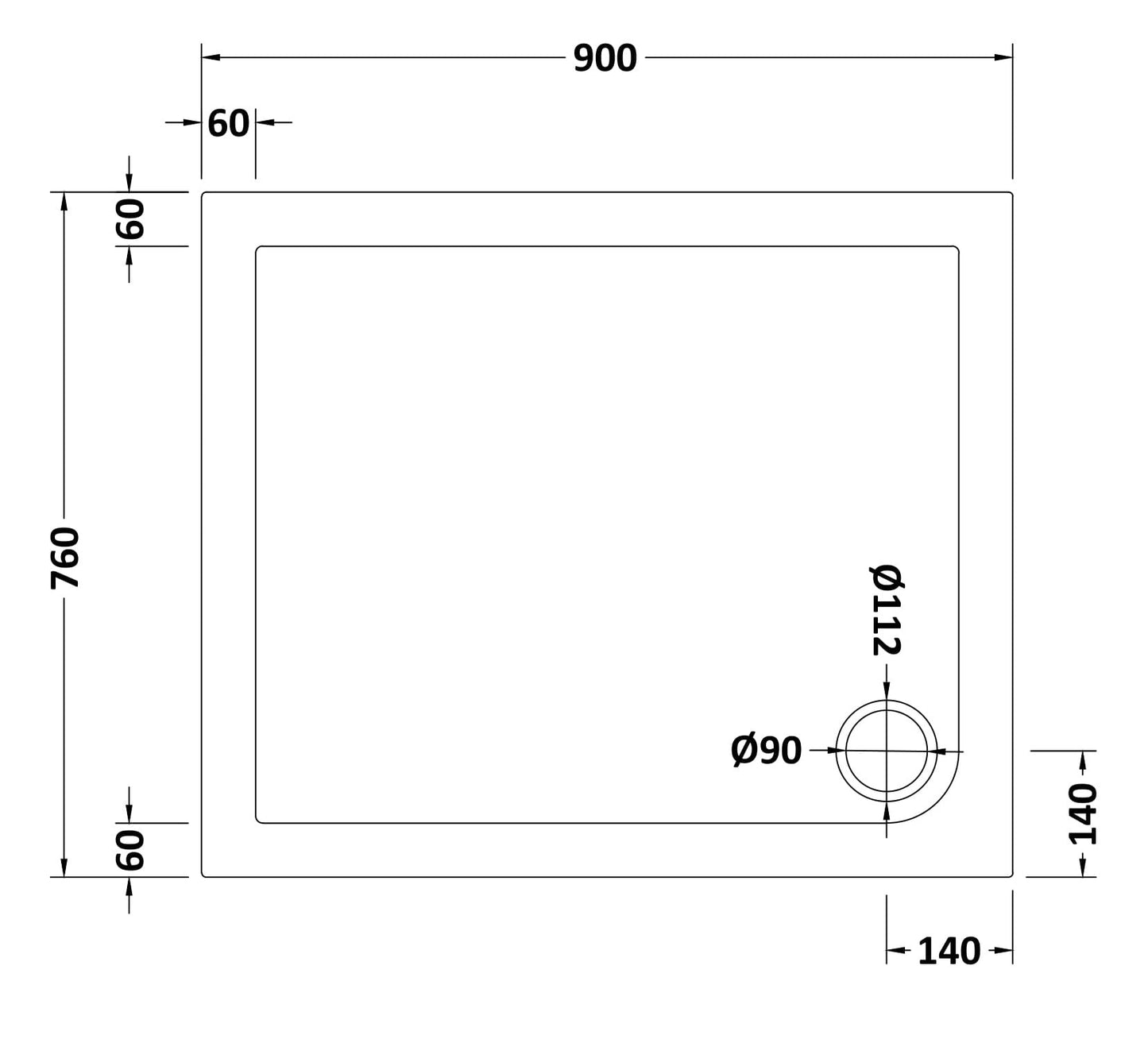 Rectangular Slimline Shower Tray 900 x 760mm